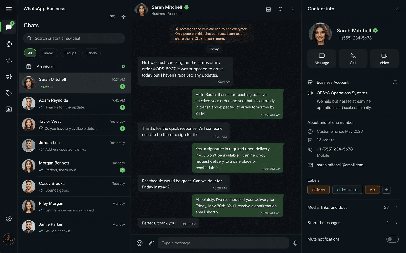 WhatsApp Business interface in dark mode showing a customer chat and detailed contact information.
