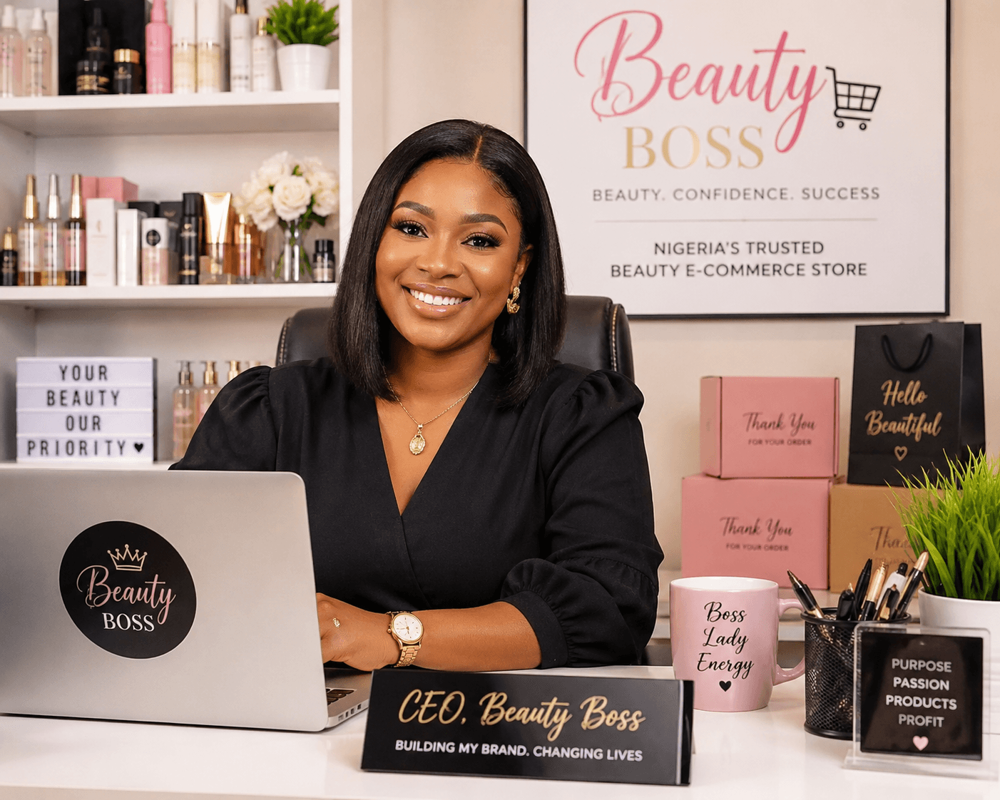 Smiling female CEO at a desk with a laptop and branded Beauty Boss business products.