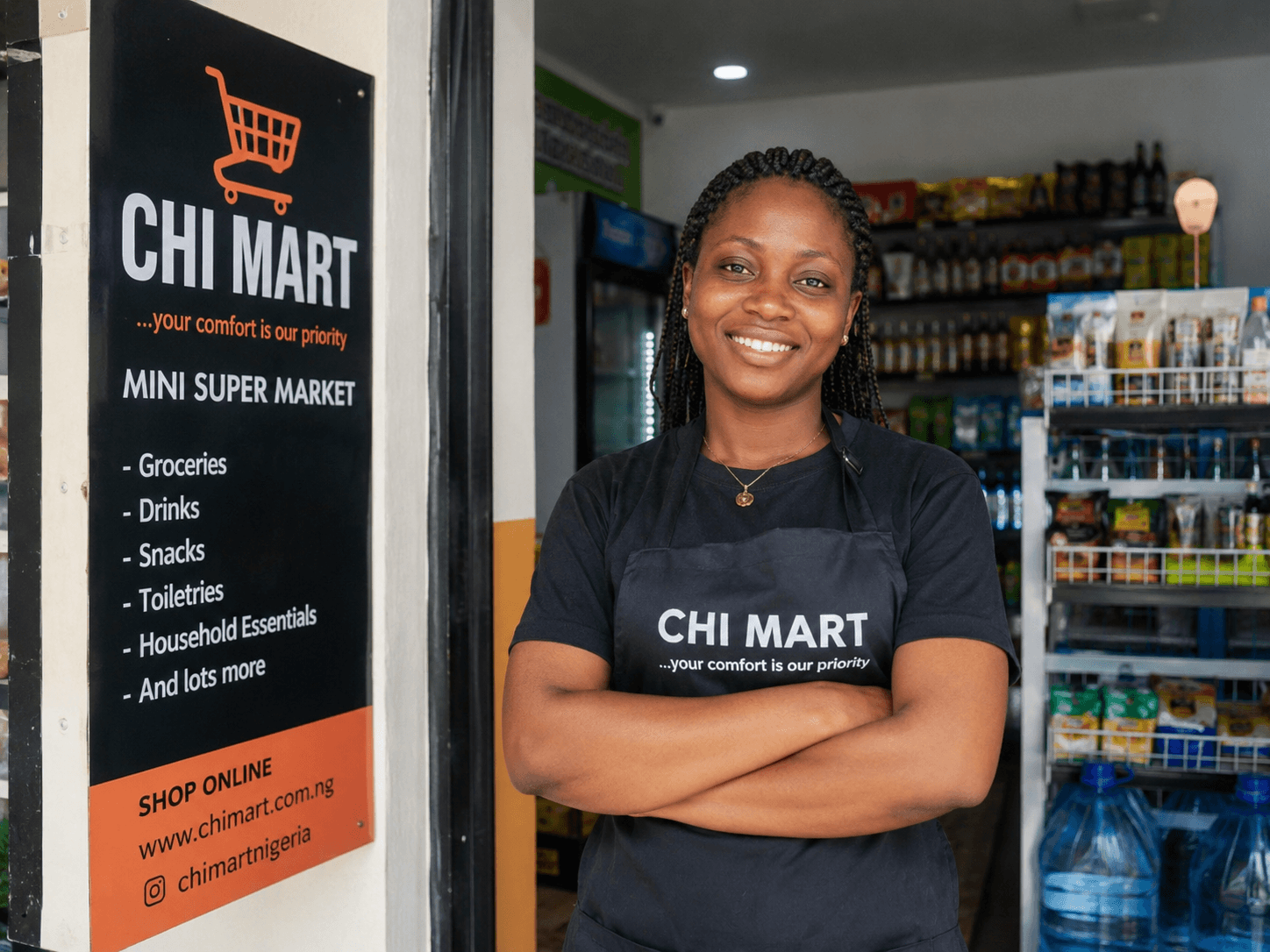 Smiling woman in a Chi Mart apron stands with arms crossed outside her mini supermarket.