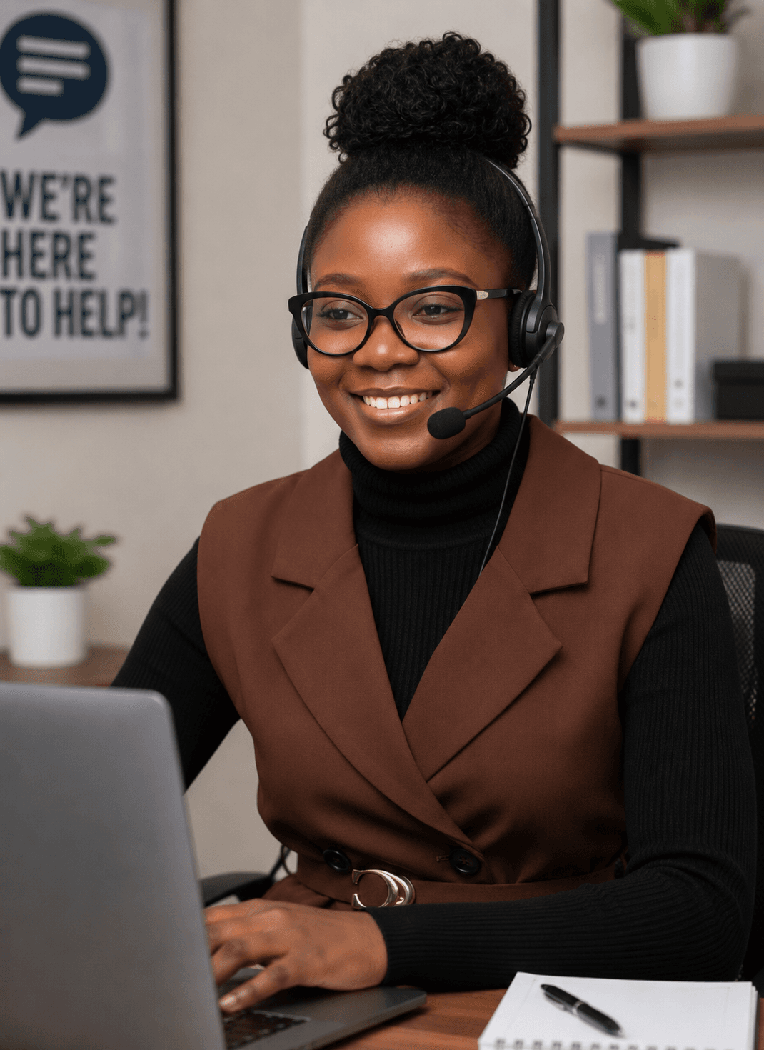 Smiling Black woman wearing a headset and glasses, working on a laptop in an office.