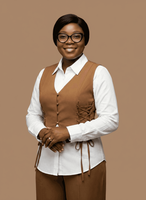 Smiling woman with glasses wearing a white shirt and brown lace-up vest against tan background.
