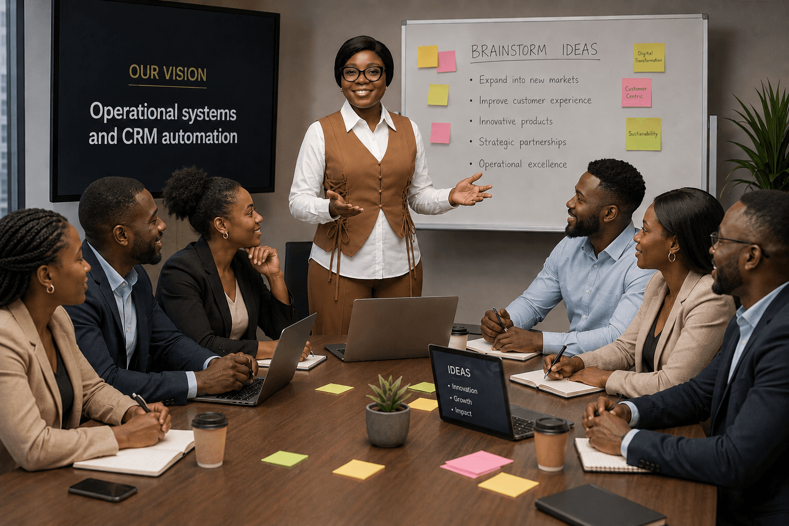 A Black woman leads a brainstorming session with professional colleagues in a modern office.